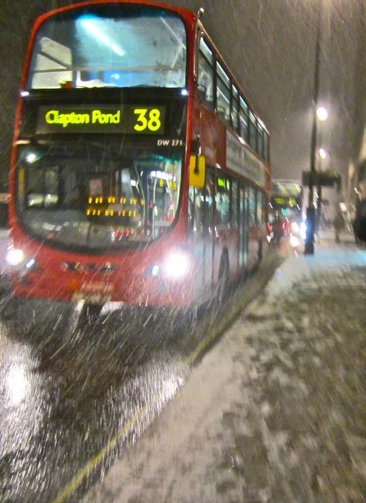 London bus in the snow