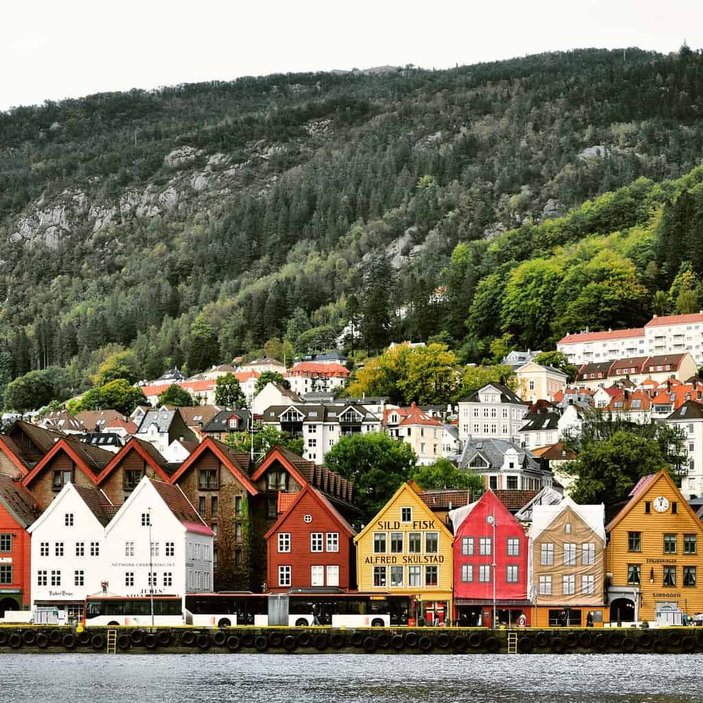 Colorful houses with trees on hill behind