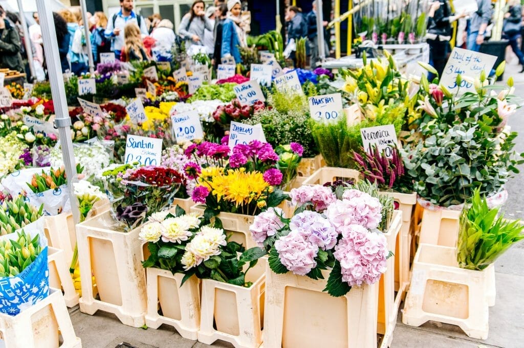 Flowers arranged in buckets at a flower market