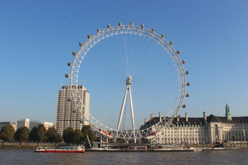 The London Eye with blue sky and a boat passing by