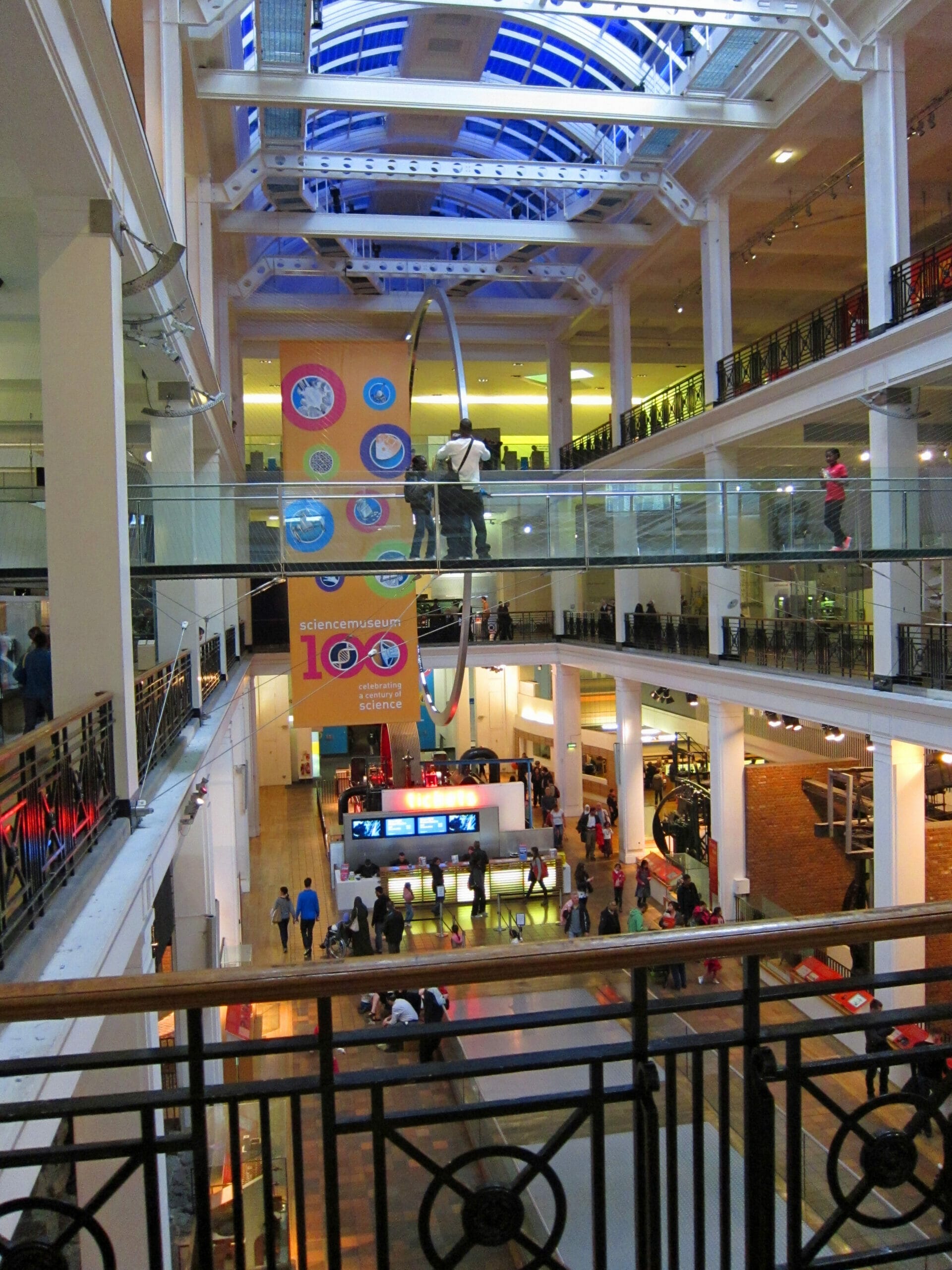 Atrium at the Science Museum in London with people looking around