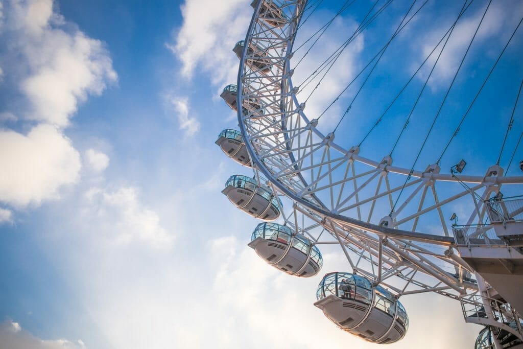 The London Eye from below with a blue sky in the background