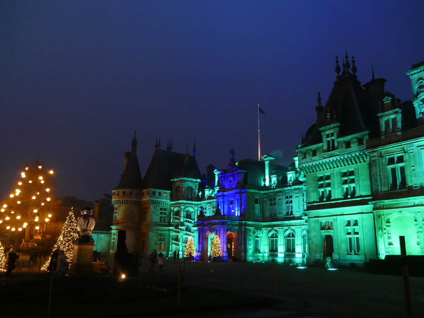 Waddesdon Manor lit up in green at Christmas