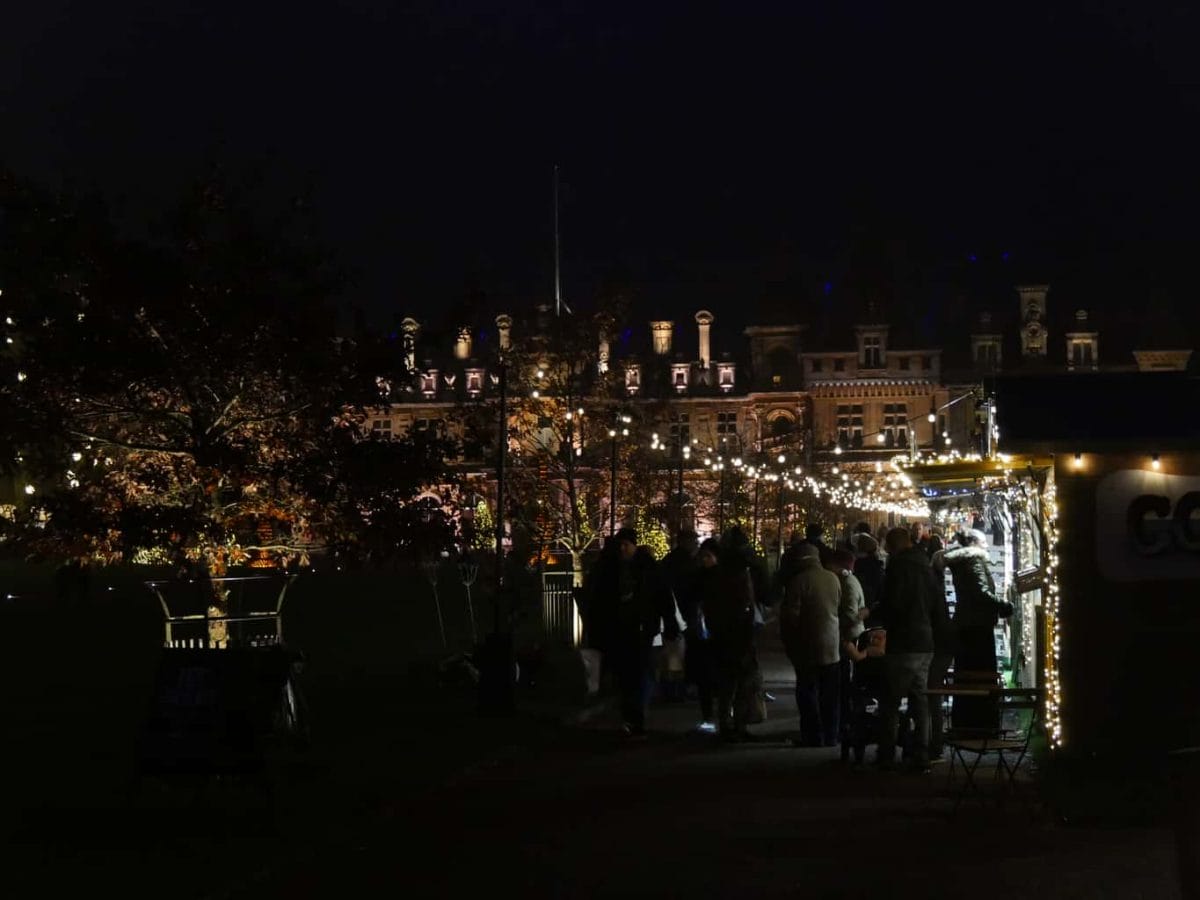 The Christmas market at Waddesdon Manor at night