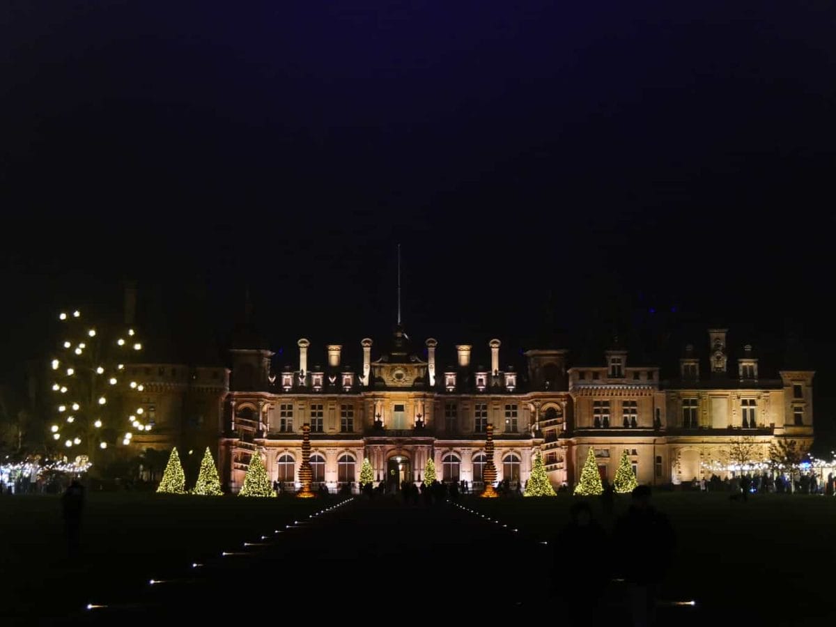 Waddesdon Manor lit up at night at Christmas