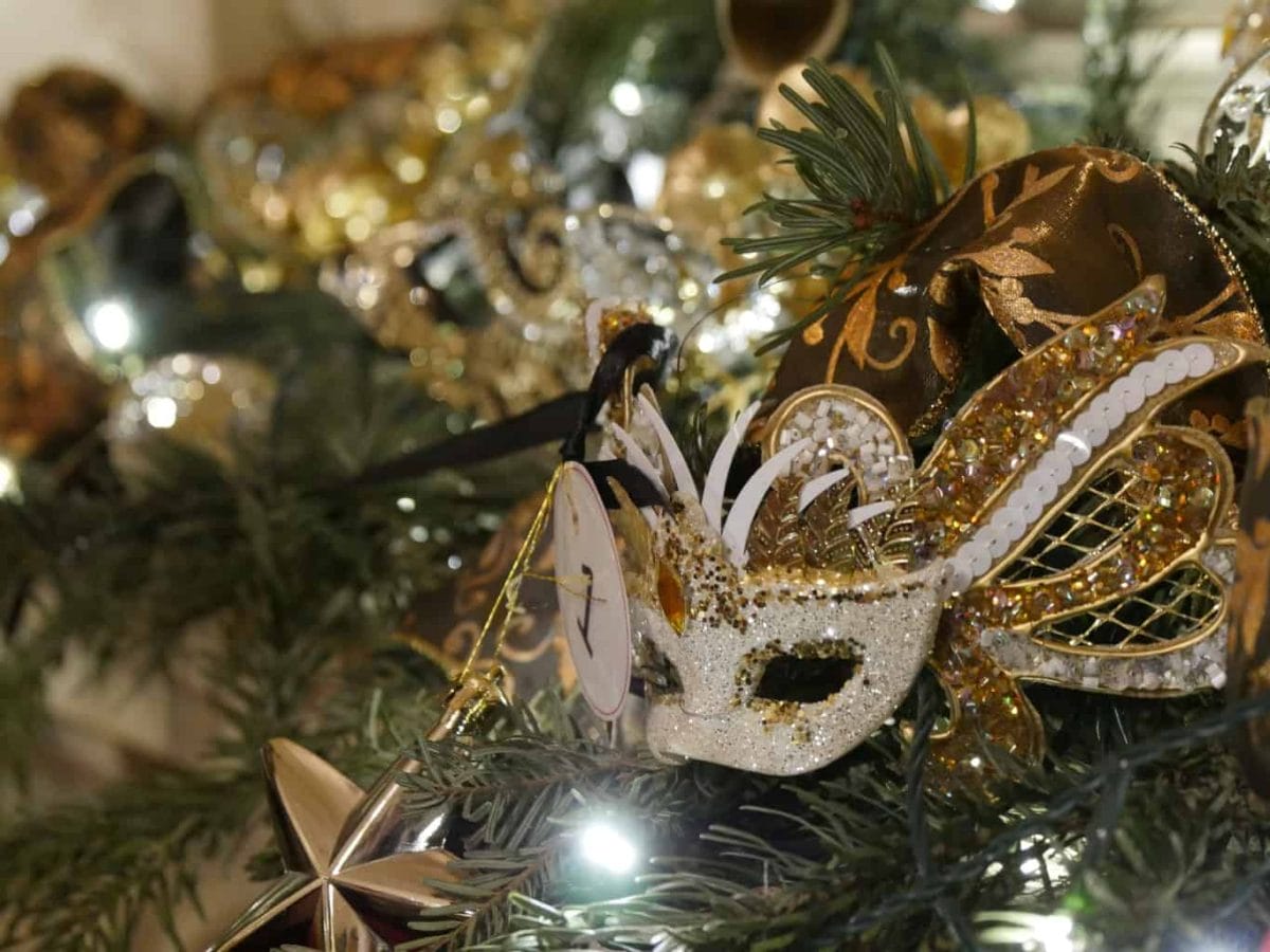 A mask on a Christmas tree inside Waddesdon Manor