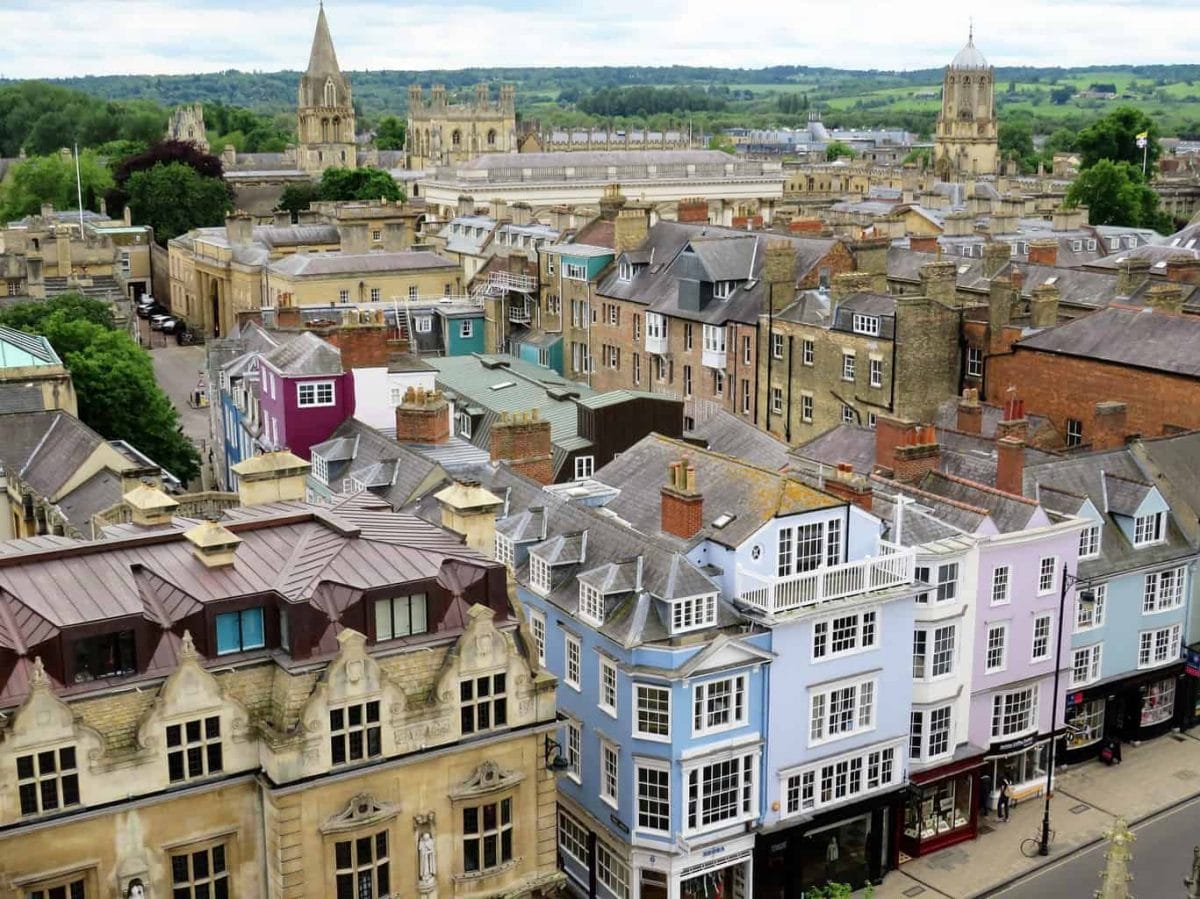 Oxford from above with colourful buildings in front