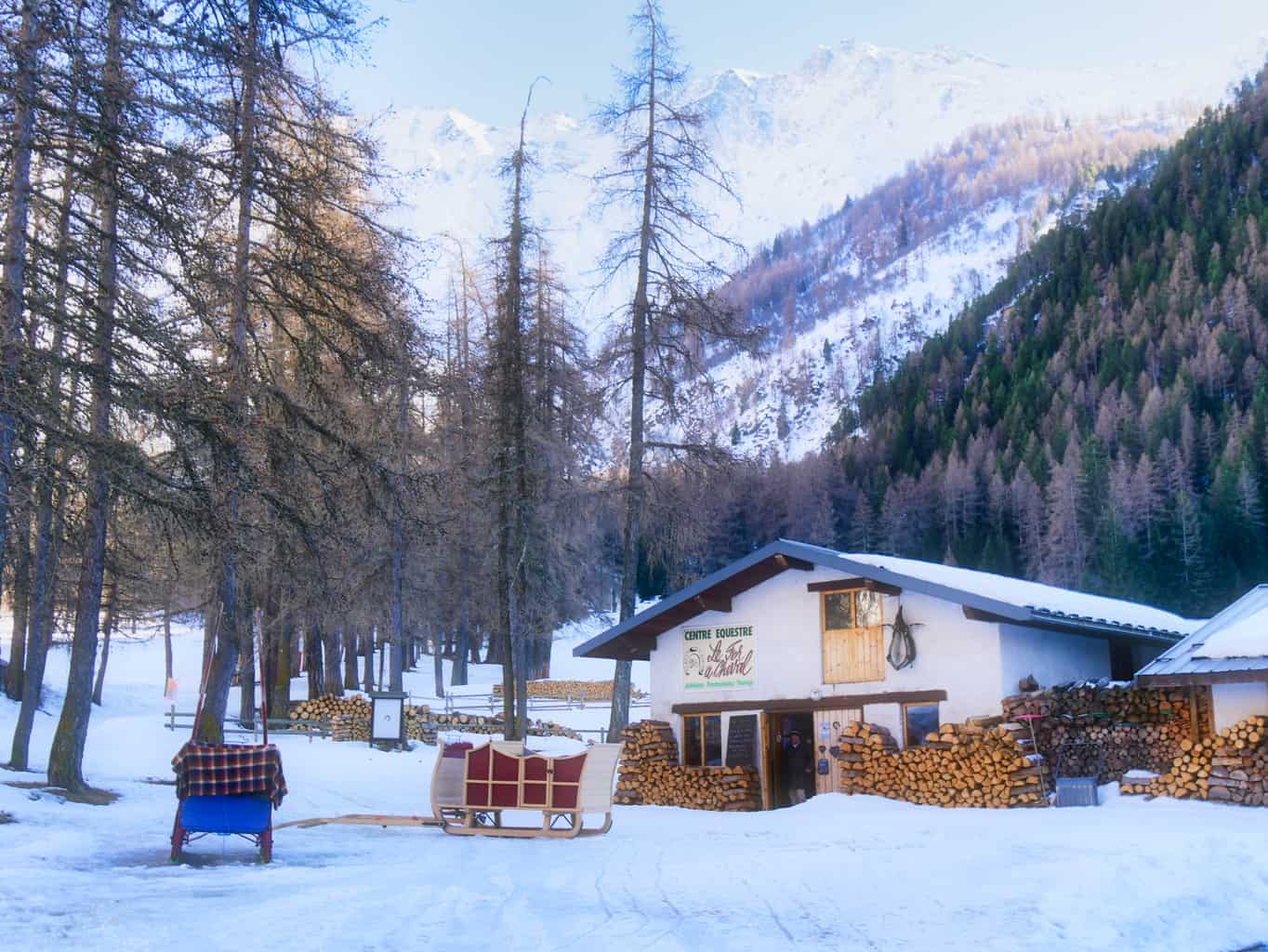 Equestrian Center in Nordic Ski Area in Peisey-Nancroix covered in snow with snowy mountains behind trees to the side and horse sledges in front