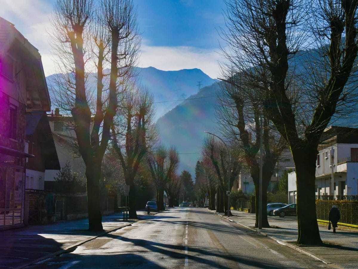 The French Alps from a street in Albertville from the middle of the road with trees either side