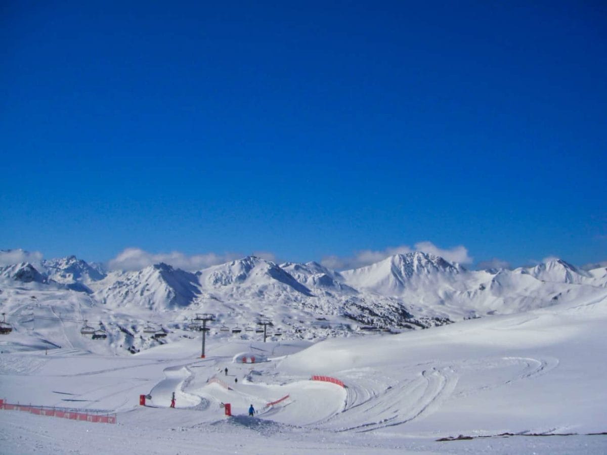 Ski slopes in Les Arcs with deep blue sky