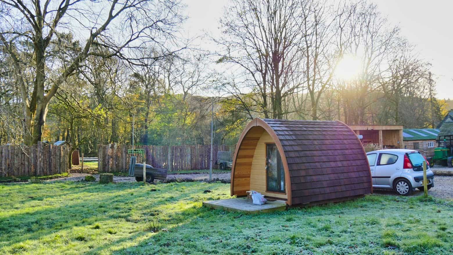 A glamping hut early in the morning in the Lake District