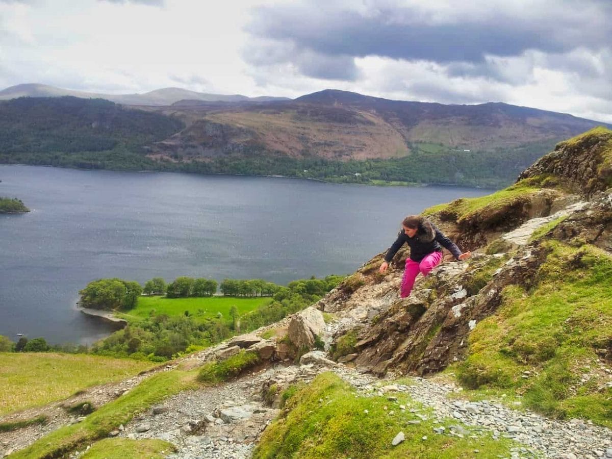 Kalyn climbing down mountain in Lake District
