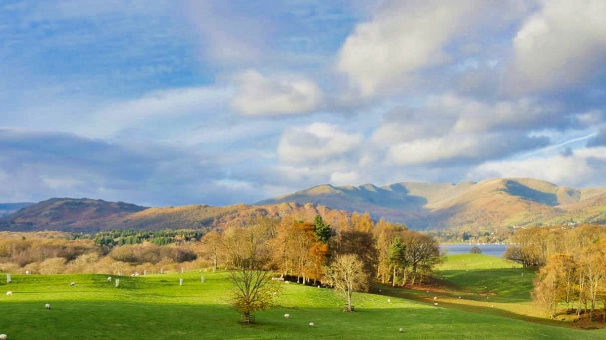 The view with a blue sky and green grass towards mountains in the Lake District