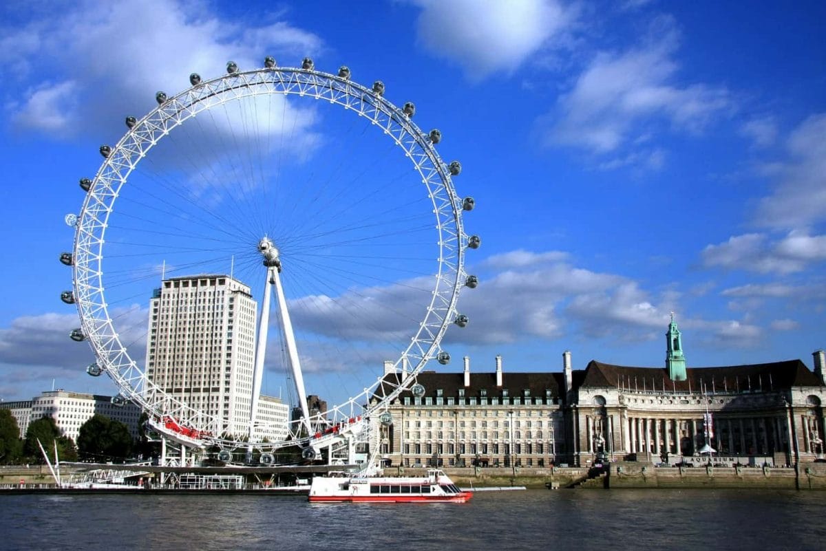 The London Eye with the River Thames in the foreground and blue sky in the background