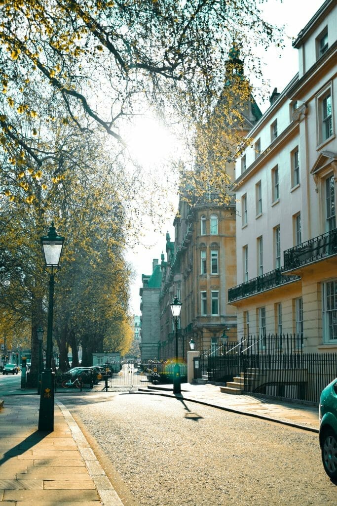 A street in London with tall buildings with autumn leaves