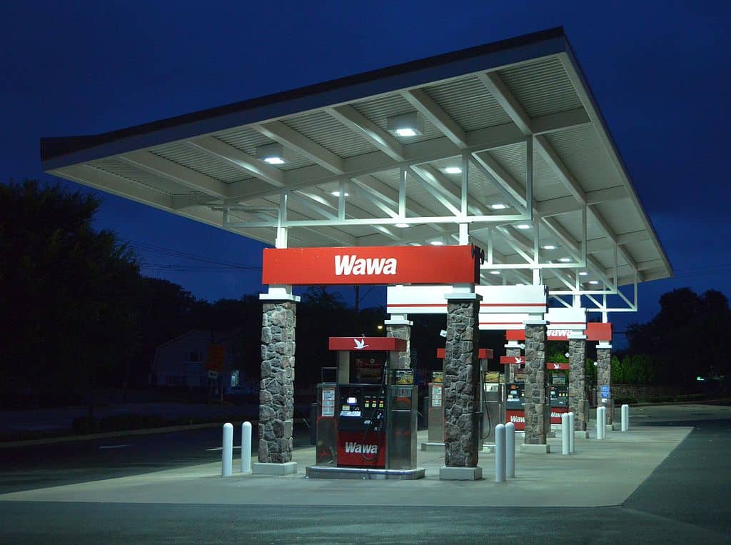 A Wawa gas station at night