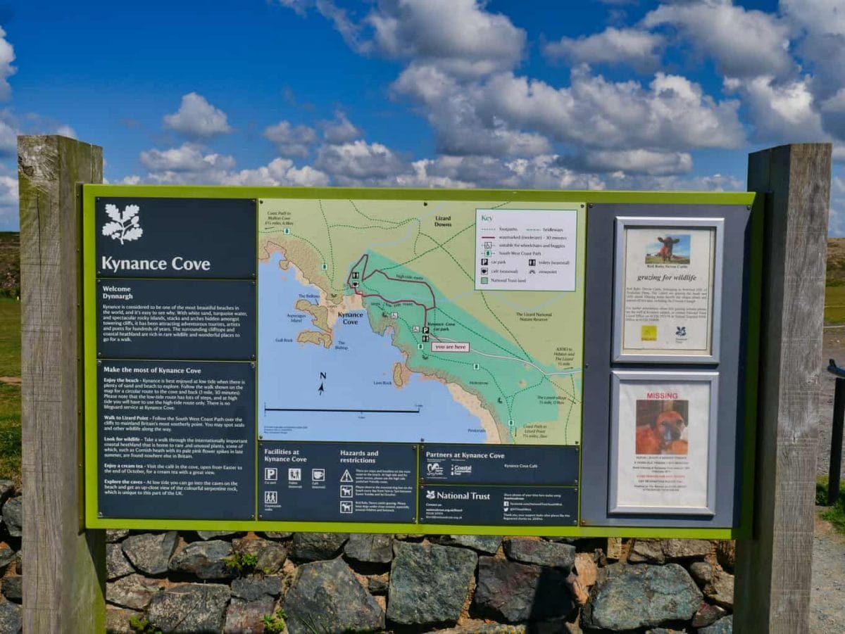 A sign with a map of Kynance Cove