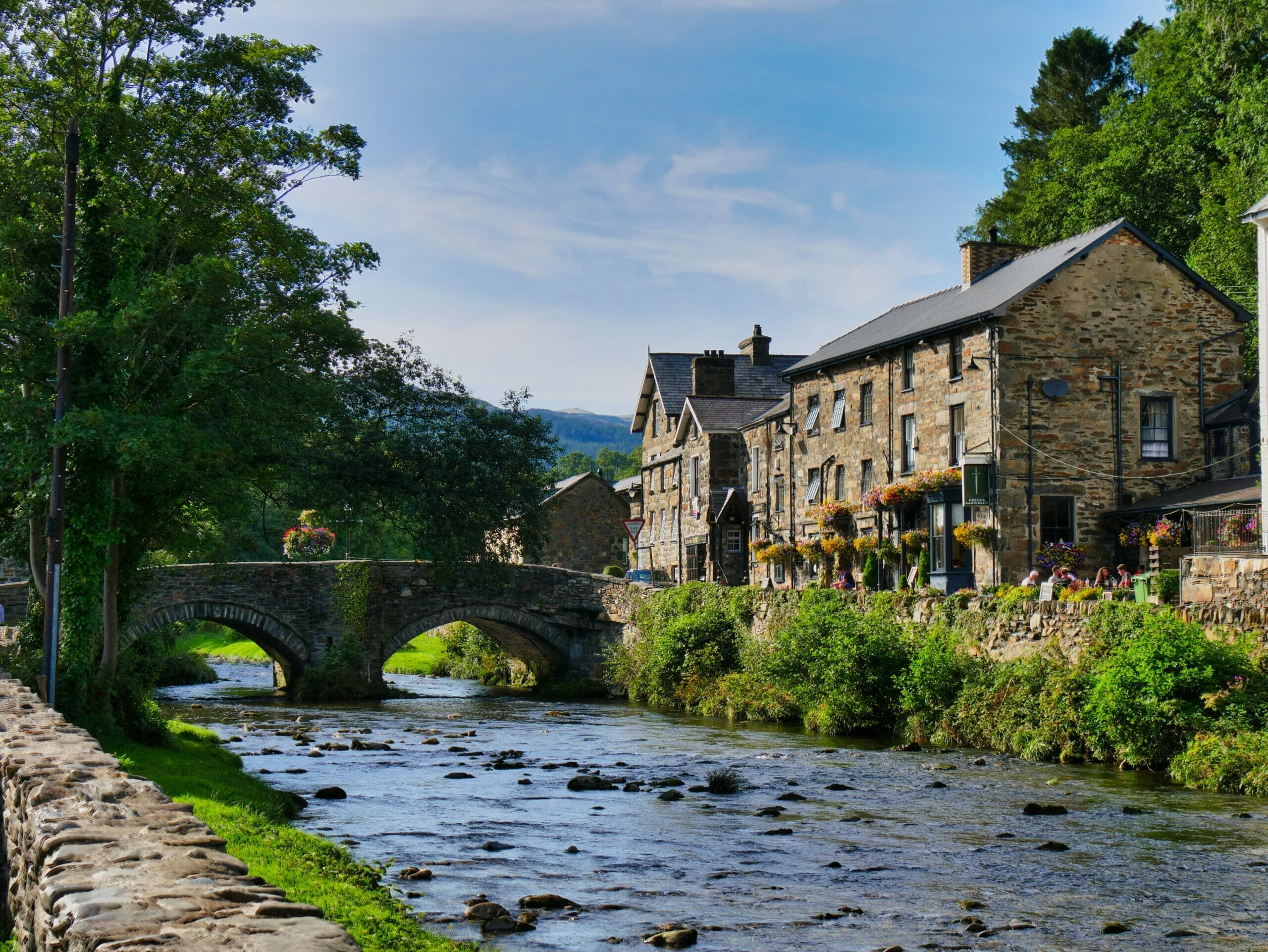 River in Beddgelert Wales with stone houses to the side