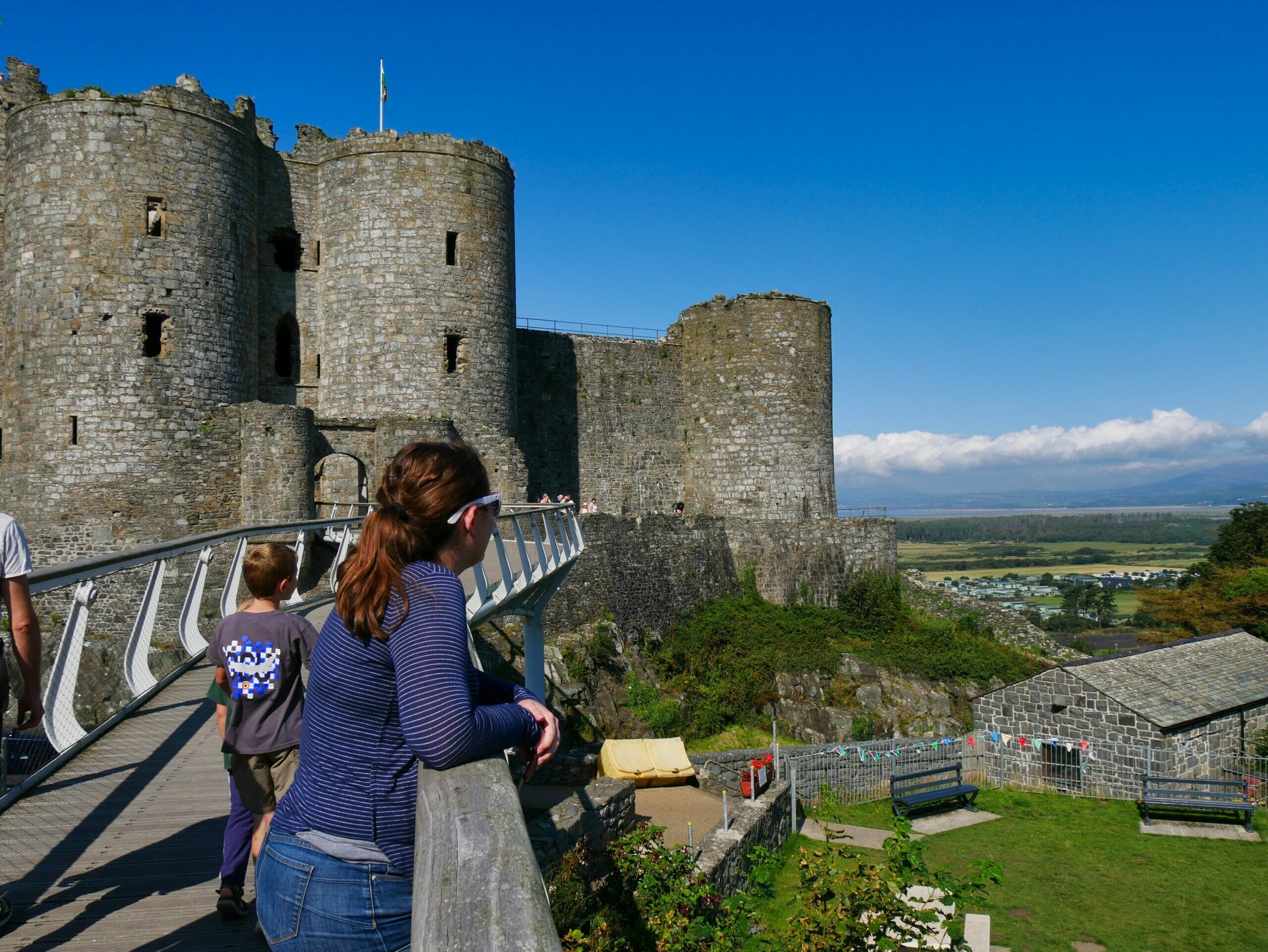Kalyn looking out over the Welsh countryside from the bridge at Harlech Castle