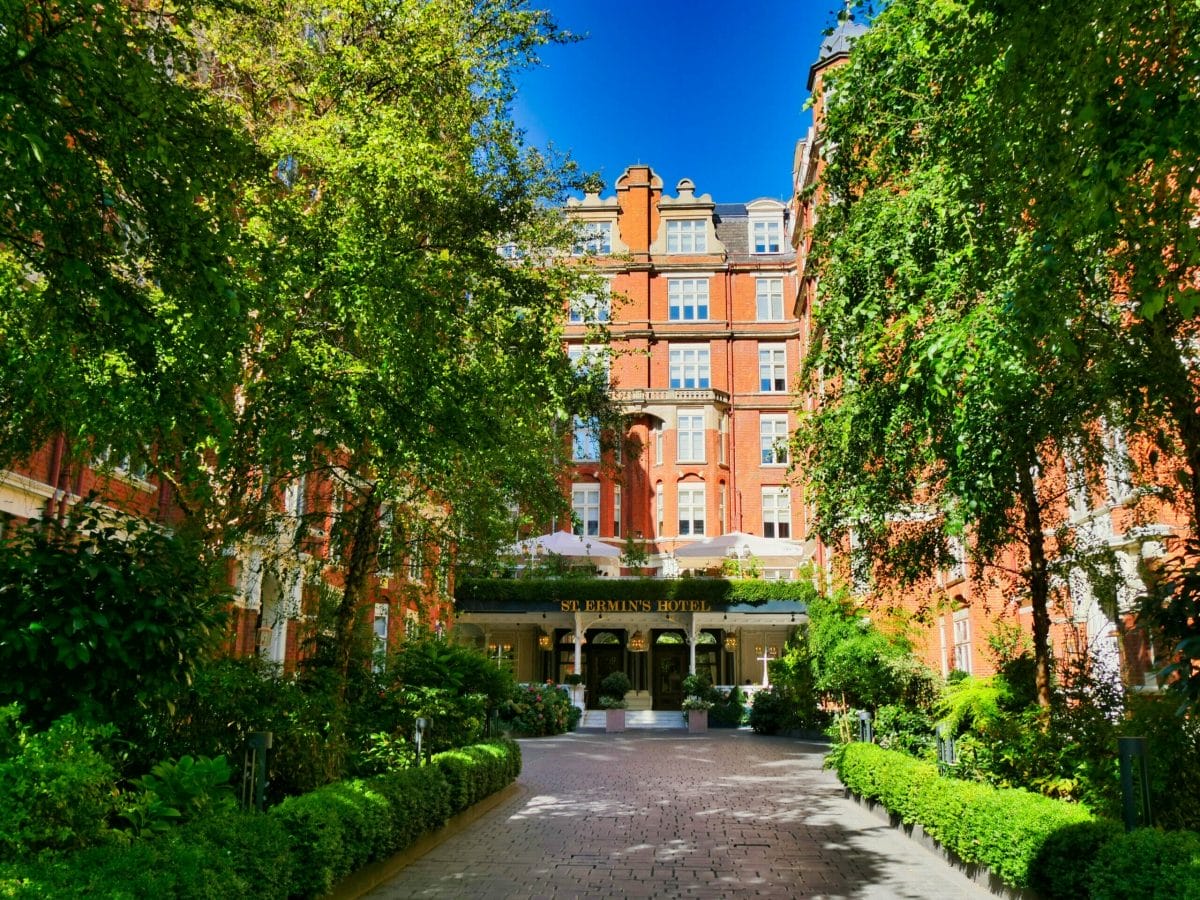 Front of St. Ermin's Hotel with green tree's either side