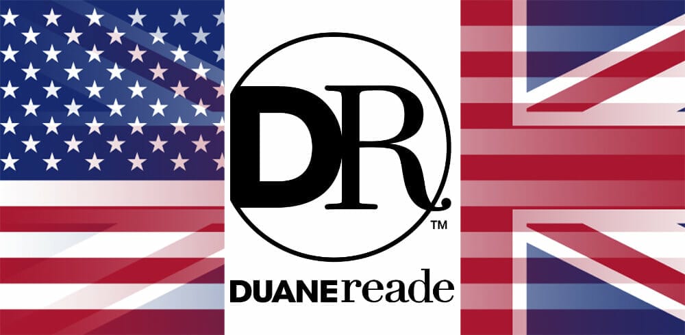 Duane Reade logo with UK flag and USA flag