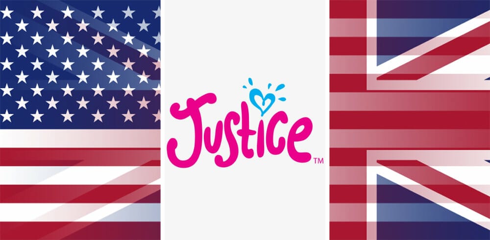 Justice logo with UK and USA flags