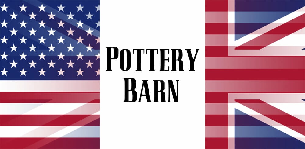 Pottery Barn logo with UK and USA flag