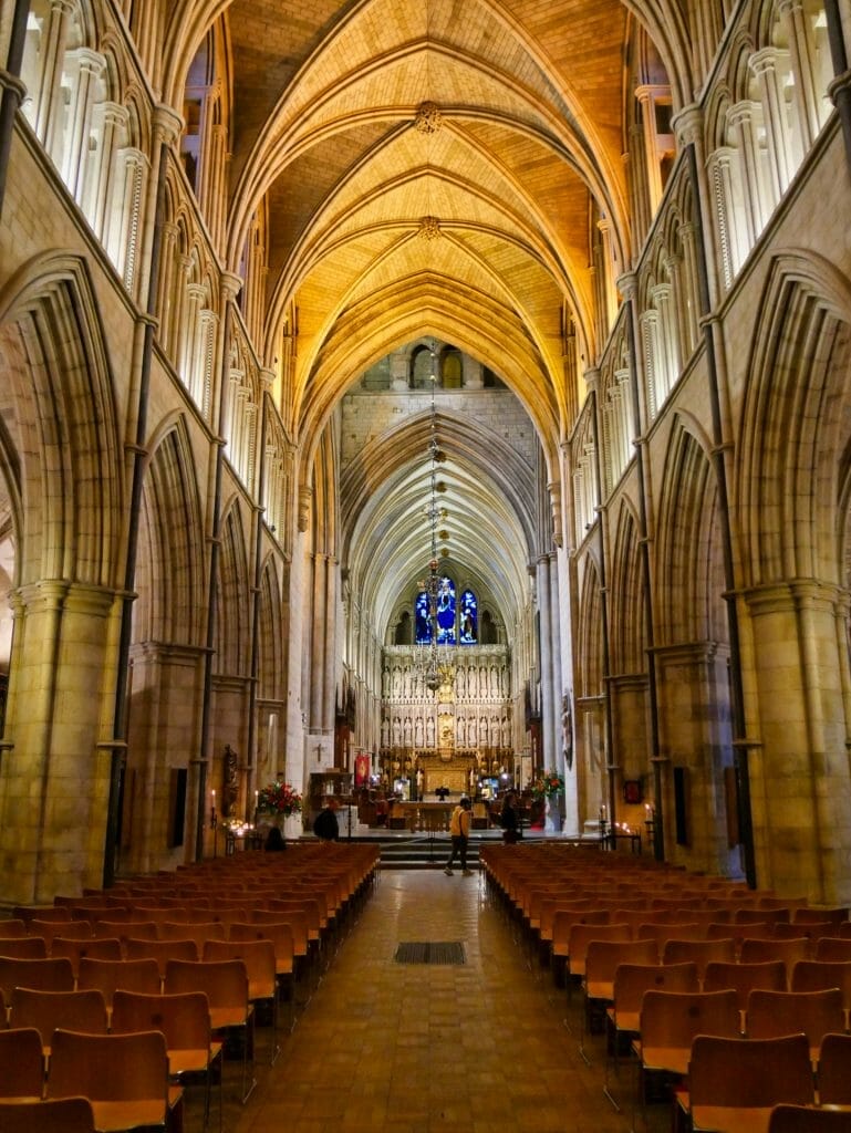 Inside Southwark Cathedral with empty pews