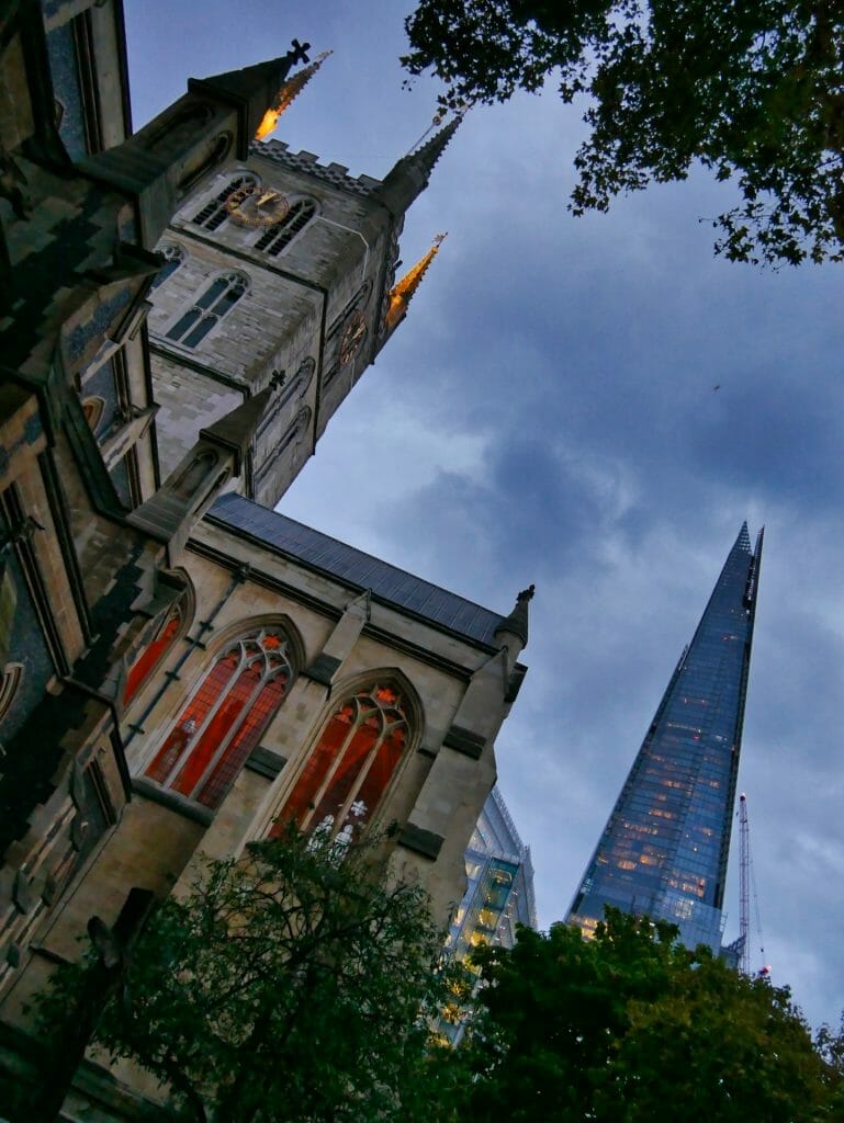 Southwark Cathedral London and The Shard at Night