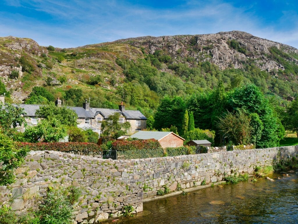 Houses next to a river in Beddgelert, Wales