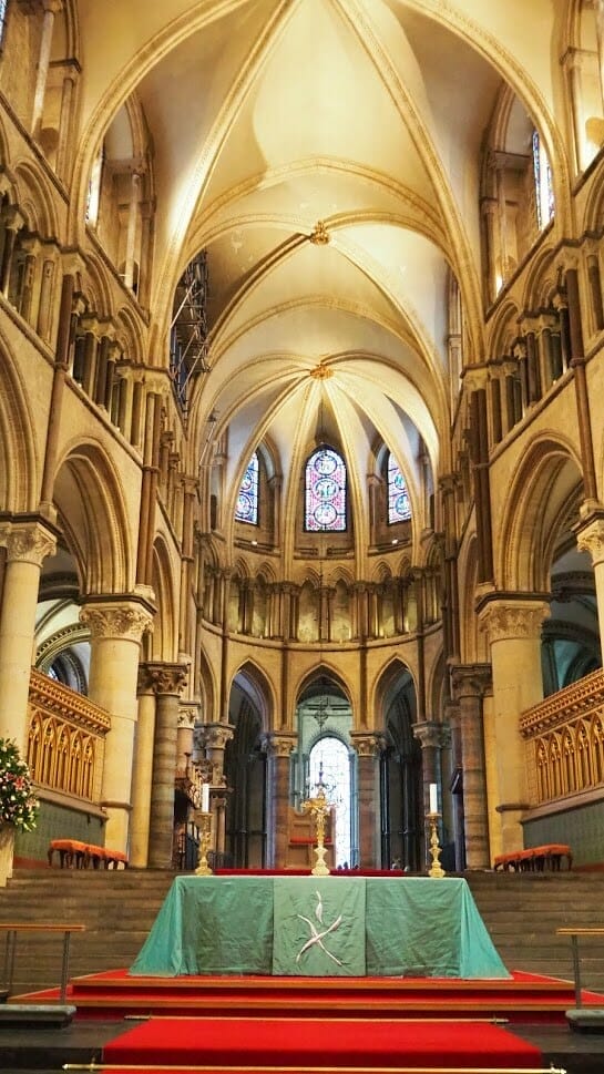 Inside of Canterbury Cathedral with high ceilings