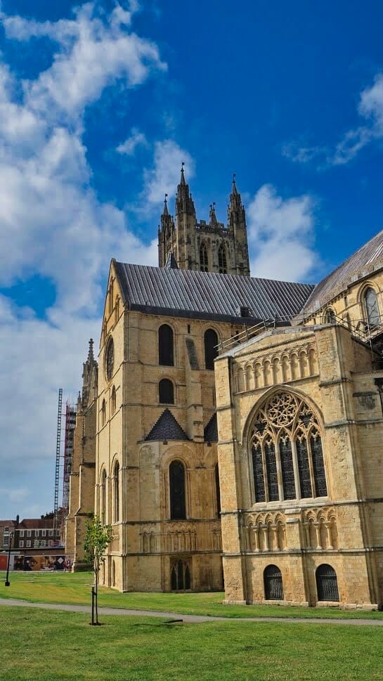 The front of Canterbury Cathedral with blue sky