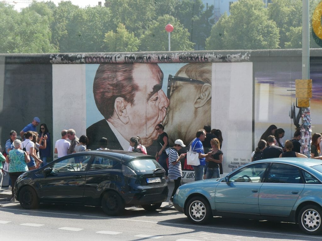 Graffiti art known as the "Fraternal Kiss", which depicts Soviet leader Leonid Brezhnev and East German President Erich Honecker in a fraternal embrace at the 30th anniversary of the creation of the German Democratic Republic in 1979