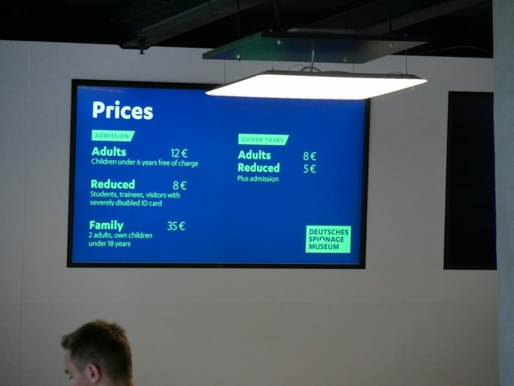 Television showing the prices for the German Spy Museum, Berlin