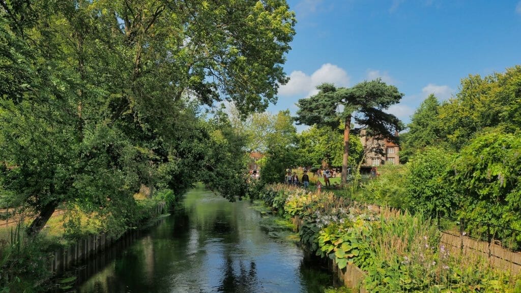 A river next to gardens with green trees overhanging in Canterbury