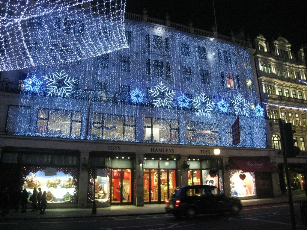 Hamley's exterior covered in lights at Christmas