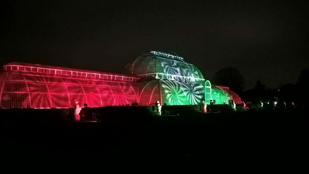 A building at Kew Gardens lit in red and green for Chritmas