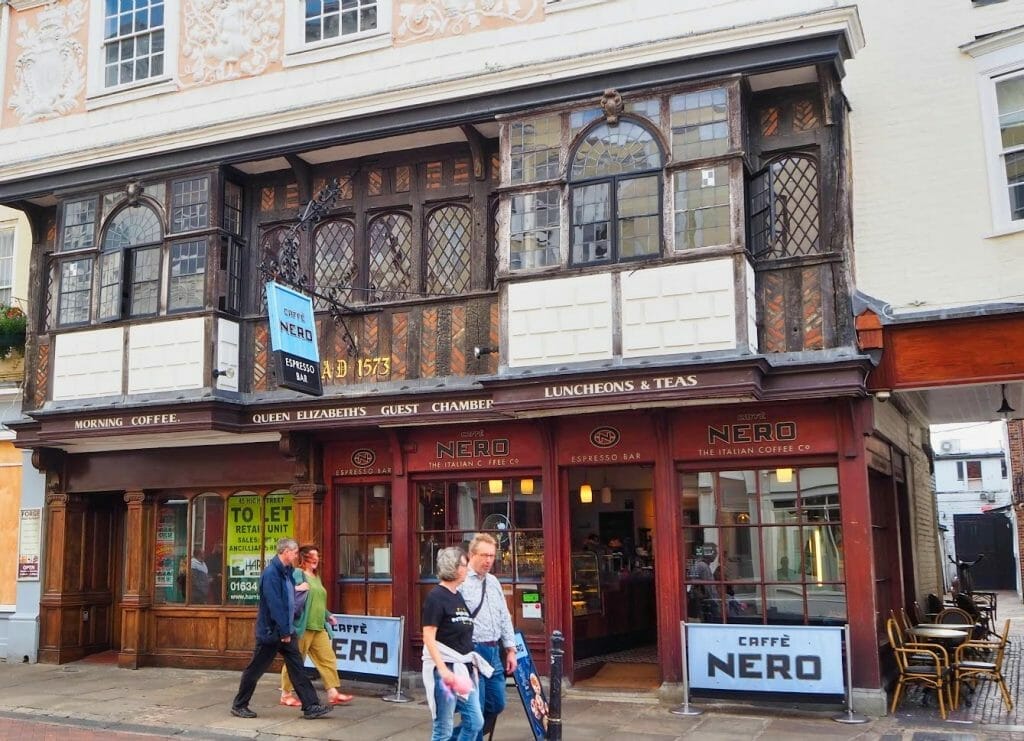 A Cafe Nero in an old building, dated 1573, with wooden beams