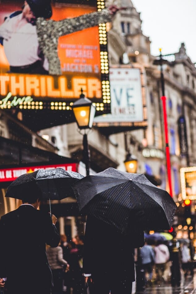 People walking in the West End, London, holding umbrellas, with show adverts in front of them