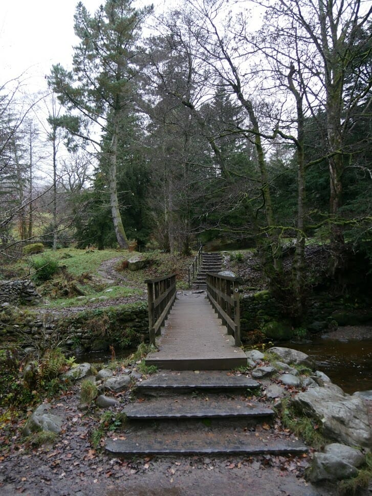 A footbridge on the Aira Force walk from The Quiet Site to Aira Force in Ullswater, surrounded by trees