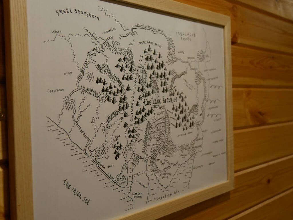 A hand-drawn map on the bathroom wall in a hobbit hole at The Quiet Site