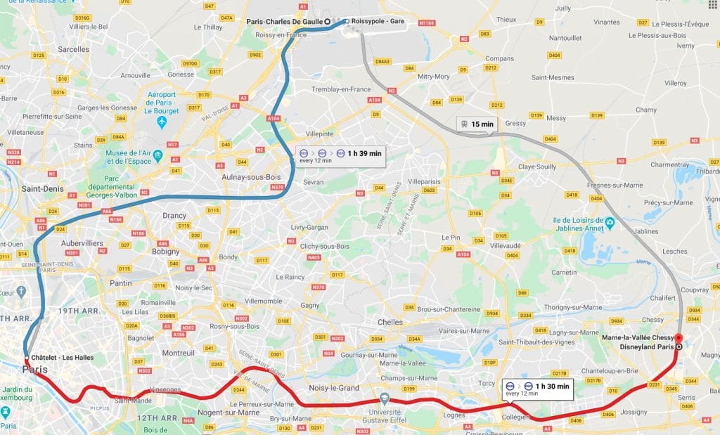 How to get from Paris Charles de Gaulle to Disneyland Paris on a map