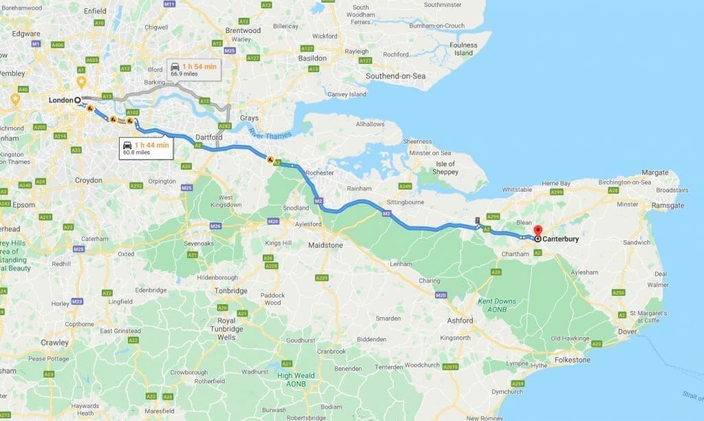 Route driving from London to Canterbury