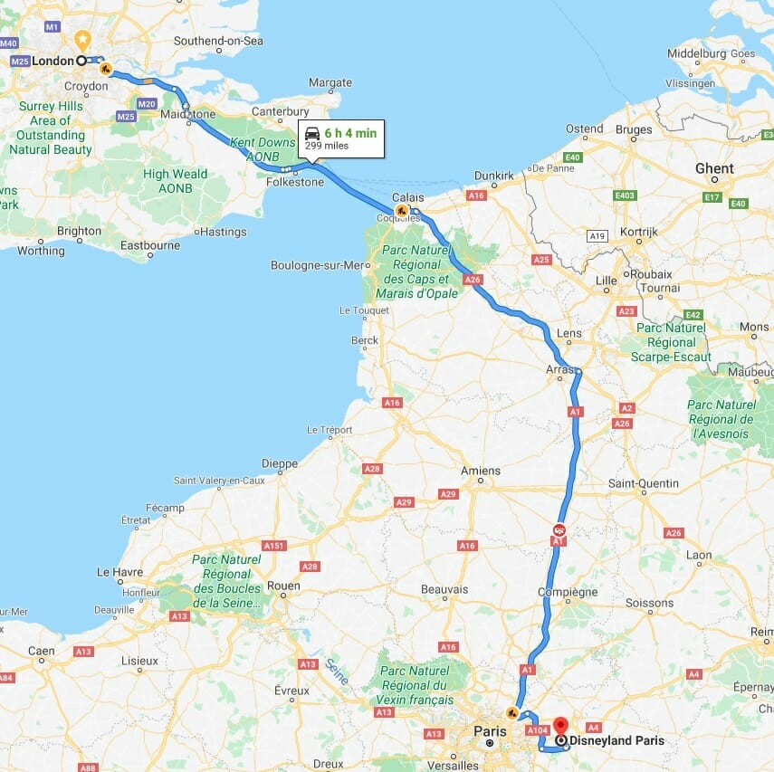 How to get to London to Disneyland Paris by bus and car on a map