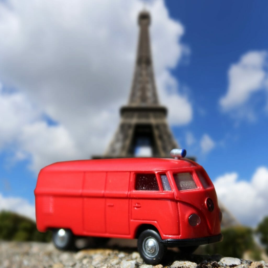 London to Disneyland Paris bus with mini bus in front of Eiffel Tower