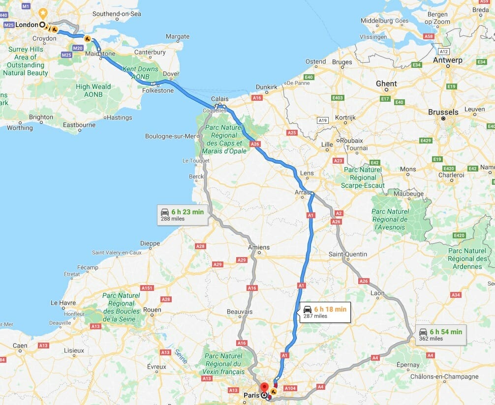 How to get from London to Paris driving route