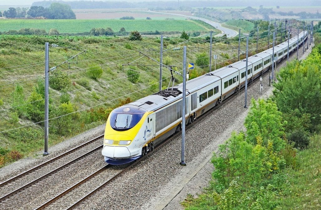 Eurostar London to paris train going through countryside