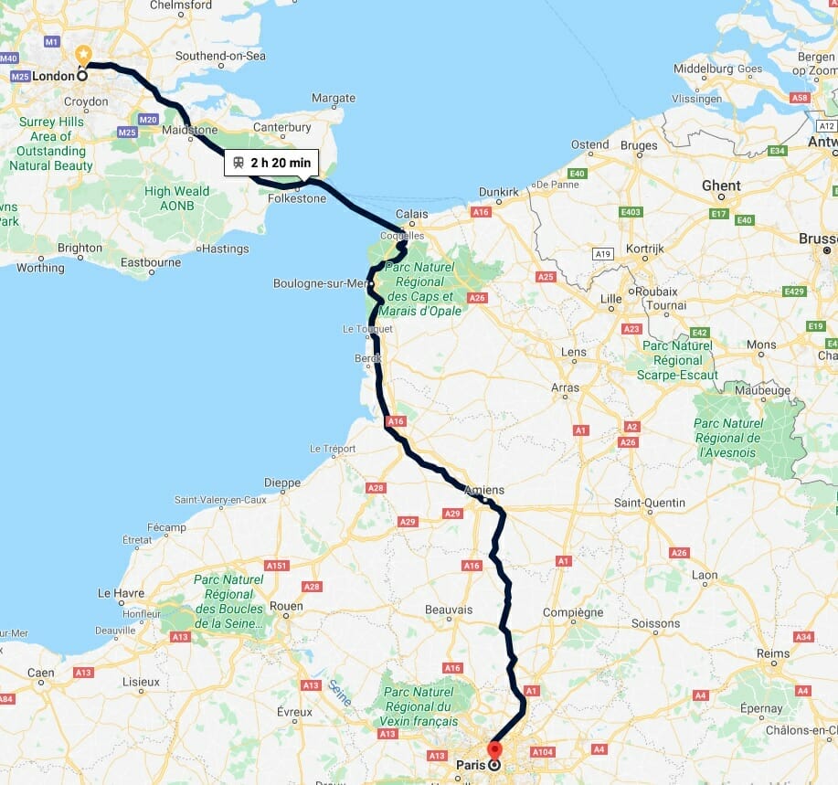 London to Paris train route time and distance