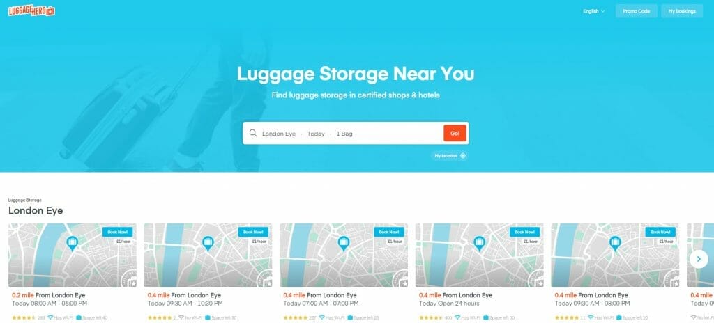 Luggage Hero home page with search terms