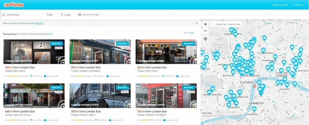 Luggage Hero search results page with icons for luggage storage locations in London near the London Eye